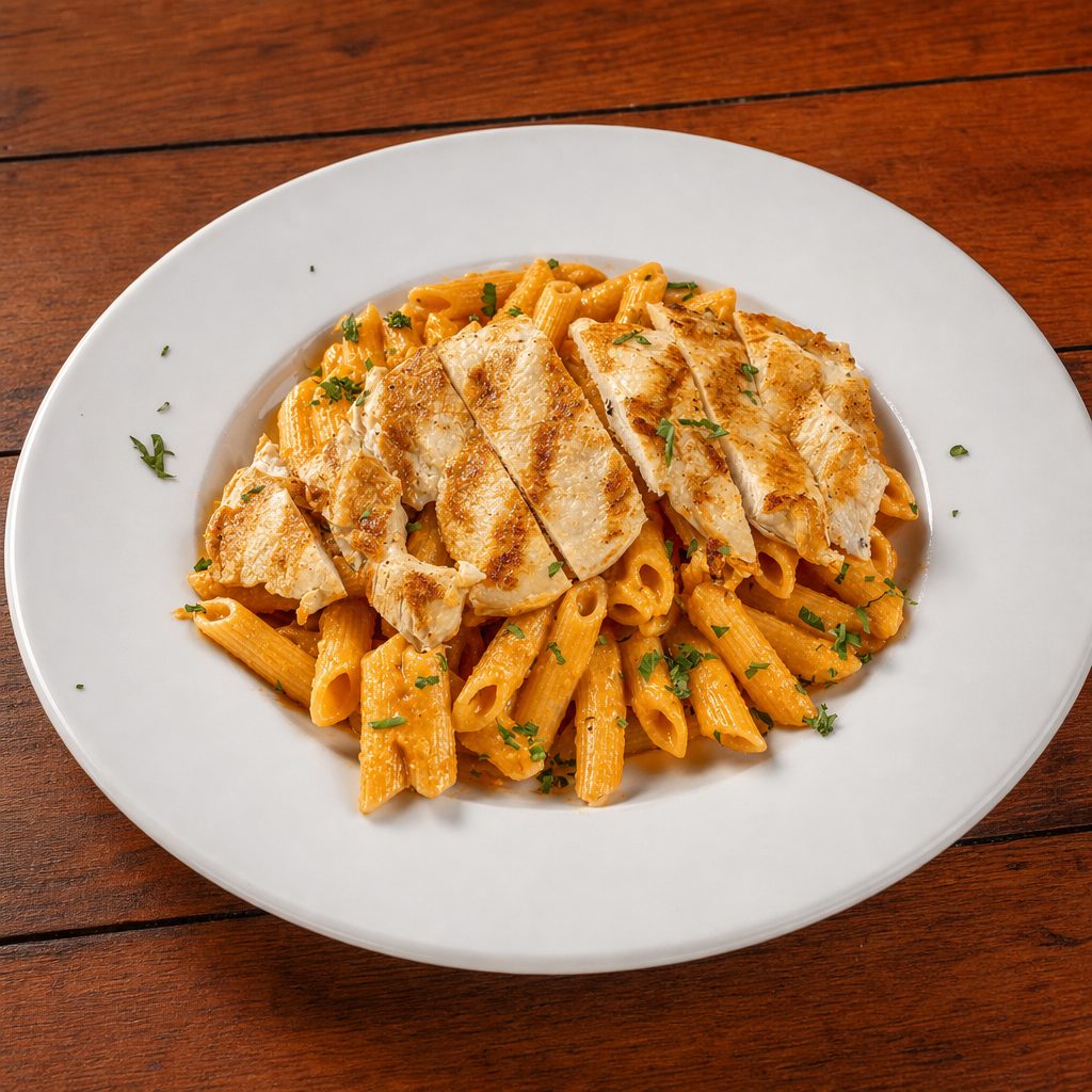 Penne Pasta a La Vodka Con Pollo (Penne Pasta with Vodka Sauce & Chicken).