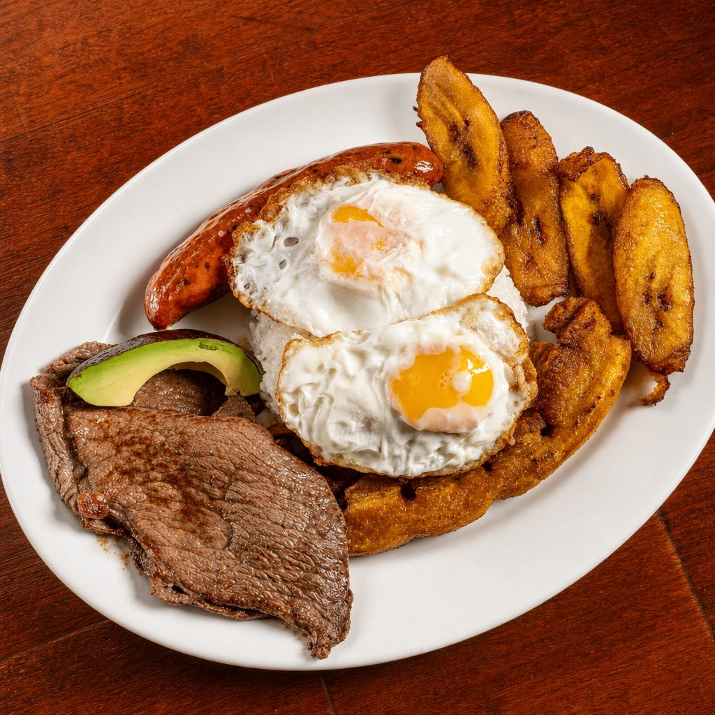 Bandeja Paisa (Steak, Beans, Rice, Egg & Sausage).