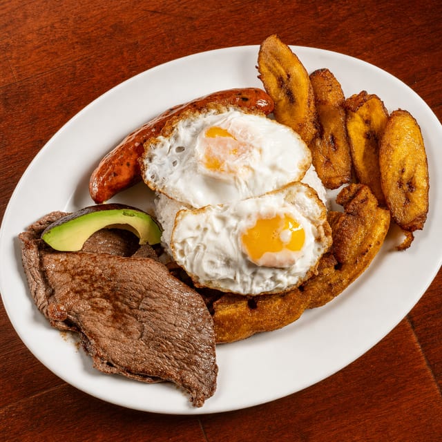 Bandeja Paisa (Steak, Beans, Rice, Egg & Sausage).