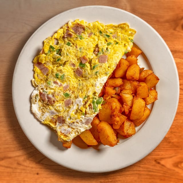 Tortilla Con Pimiento Y Cebolla Combinado 3 Huevos Con Jamón O Chorizo Español O Tocino (Western Omelette 3 Eggs).