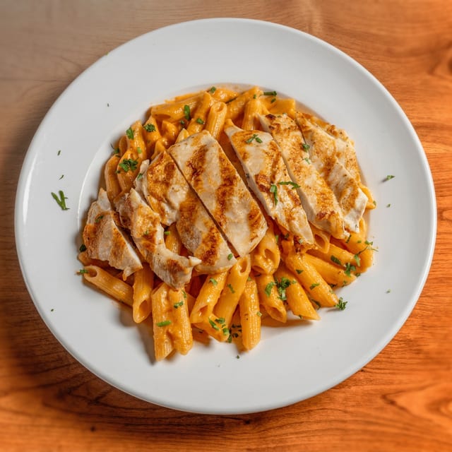 Penne Pasta a La Vodka Con Pollo (Penne Pasta with Vodka Sauce & Chicken).